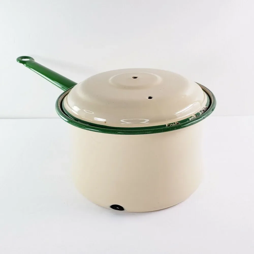 Vtg Cream & Green Enamel Sauce Pan Stock Pot w/ Lid Primitive Camping Rustic